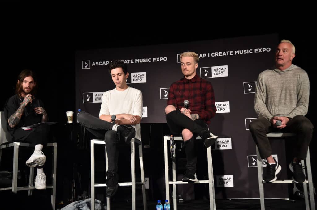 EMO Nite Founder Morgan Freed, Musician Ryan Rabin, Producer Jerrod Bettis, and Musician John Feldmann speak onstage during the 'I Write Songs, Not Tragedies: Emo's Impact on Pop' presented by Ride or Cry during The 2018 ASCAP "I Create Music" EXPO at Loews Hollywood Hotel on May 8, 2018 in Hollywood, California.