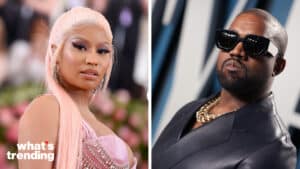 Nicki Minaj with long pink hair and a pink dress, and Kanye West wearing black sunglasses and a leather jacket.