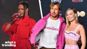 Rihanna performing in red outfit and Ryan Gosling with Margot Robbie posing at CinemaCon event