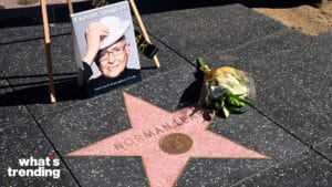 Norman Lear's Hollywood Walk of Fame star with flowers and a tribute poster reading "A Genius Among Us!"
