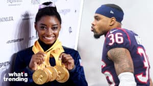 Simone Biles holding multiple gymnastics gold medals and a football player in a Houston Texans uniform with number 36