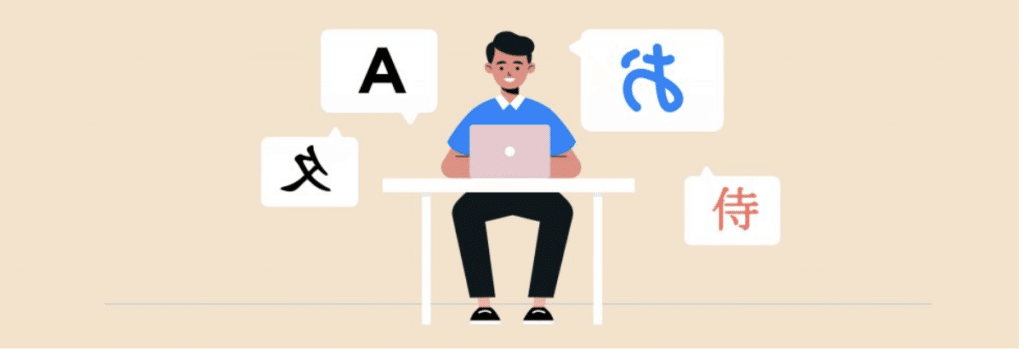 Person using laptop surrounded by speech bubbles with English and Asian characters representing language translation.