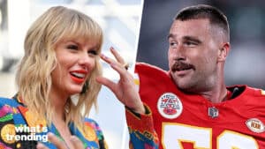 Taylor Swift smiling and gesturing, Kansas City Chiefs player in red jersey looking sideways