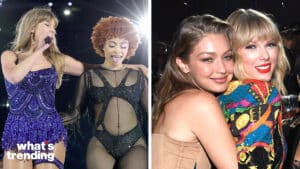 Taylor Swift performing on stage with a dancer, and Taylor Swift hugging Gigi Hadid at an event