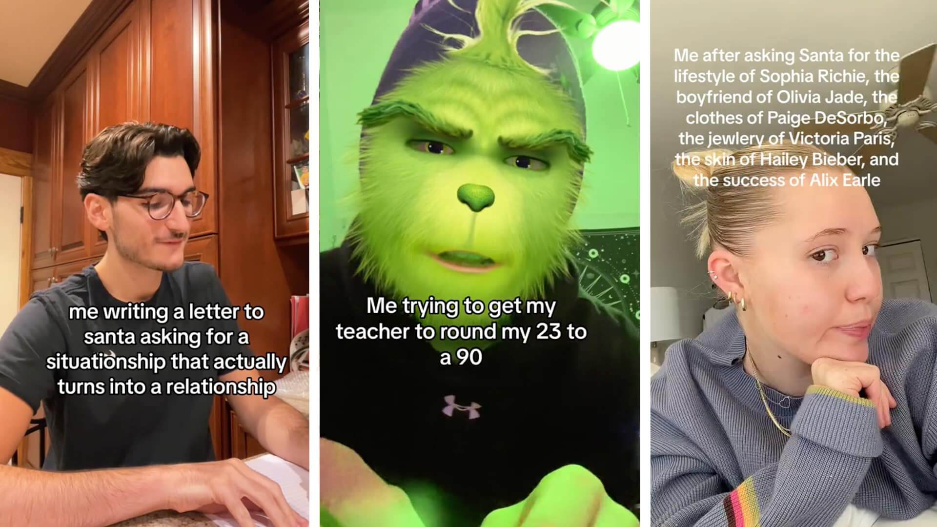 Man writing letter at kitchen table, person with Grinch filter, woman in gray sweater with text about Santa and celebrities