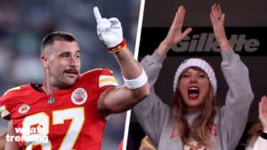 Kansas City Chiefs player Travis Kelce raising his finger and Taylor Swift cheering in a stadium box.