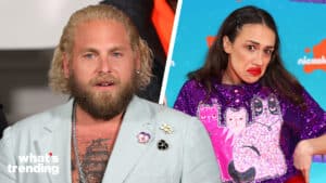 Jonah Hill with a beard and light suit jacket, and Miranda Sings in a purple sequin cat sweater at a Nickelodeon event