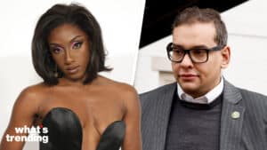 Megan Thee Stallion in black strapless dress and Sam Bankman-Fried in pinstripe suit and glasses in split image.