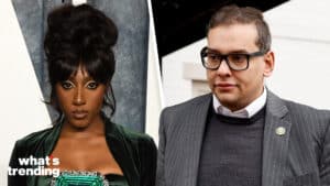 Megan Thee Stallion in green velvet dress and Andrew Tate in pinstripe suit and glasses side by side