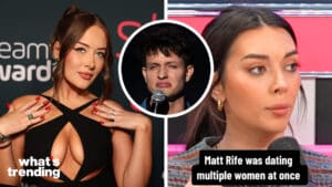 TikTok star Matt Rife in a microphone inset between two women discussing his dating multiple women at once.