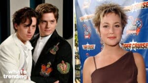 Cole Sprouse and Dylan Sprouse posing together, and a woman with short blonde hair at a Disney Channel event.