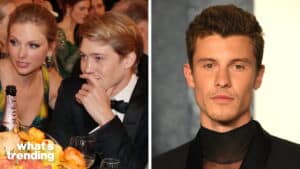 Taylor Swift and Joe Alwyn at an event, and a portrait of Shawn Mendes in a black outfit