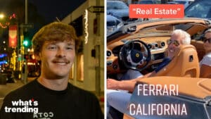 LEFT: BEVERLY HILLS, CA-NOVEMBER 16, 2022: Daniel MacDonald,25, is photographed on Canon Dr. in Bevery Hills. MacDonald shot to internet fame by approaching drivers of super cars and asking them, What do you do for a living? HIs videos have gone viral and he has amassed millions of followers on TikTok, YouTube, and Instagram, becoming a millionaire himself in the process. (Mel Melcon / Los Angeles Times via Getty Images) RIGHT: Daniel Mac asking a Ferrari owner what he does for a living.