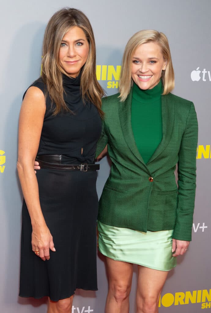 Jennifer Aniston and Reese Witherspoon attend "The Morning Show" special screening at Ham Yard Hotel on November 01, 2019 in London, England