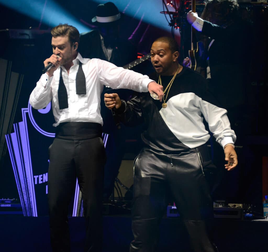 Musicians Justin Timberlake and Timbaland perform during MasterCard Priceless Premieres Presents Justin Timberlake at Roseland Ballroom on May 5, 2013 in New York City.