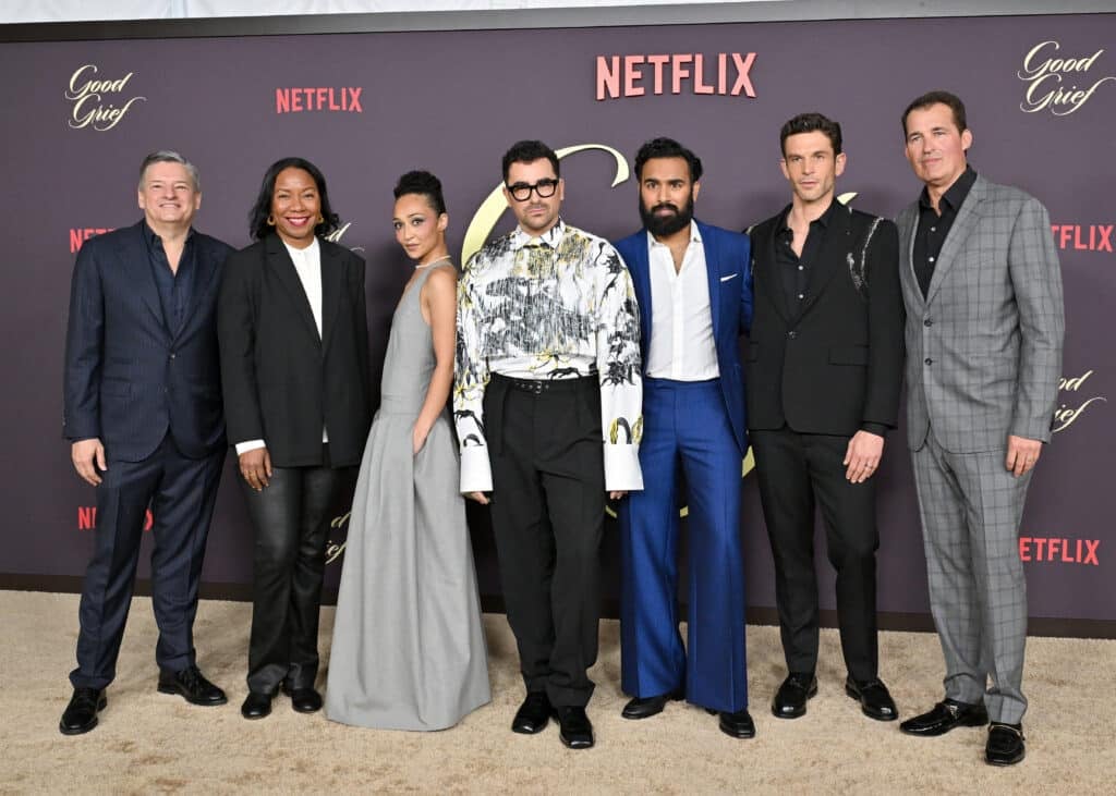 Ted Sarandos, Niija Kuykendall, Ruth Negga, Dan Levy, Himesh Patel, Arnaud Valois, and Scott Stuber attend the Los Angeles Premiere of Netflix's "Good Grief" at The Egyptian Theatre Hollywood on December 19, 2023 in Los Angeles, California.