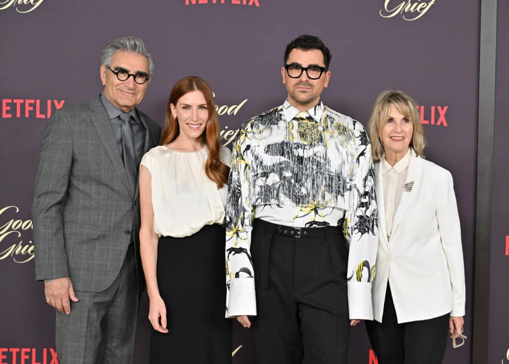 Eugene Levy, Sarah Levy, Dan Levy and Deborah Divine attend the Los Angeles Premiere of Netflix's "Good Grief" at The Egyptian Theatre Hollywood on December 19, 2023 in Los Angeles, California.