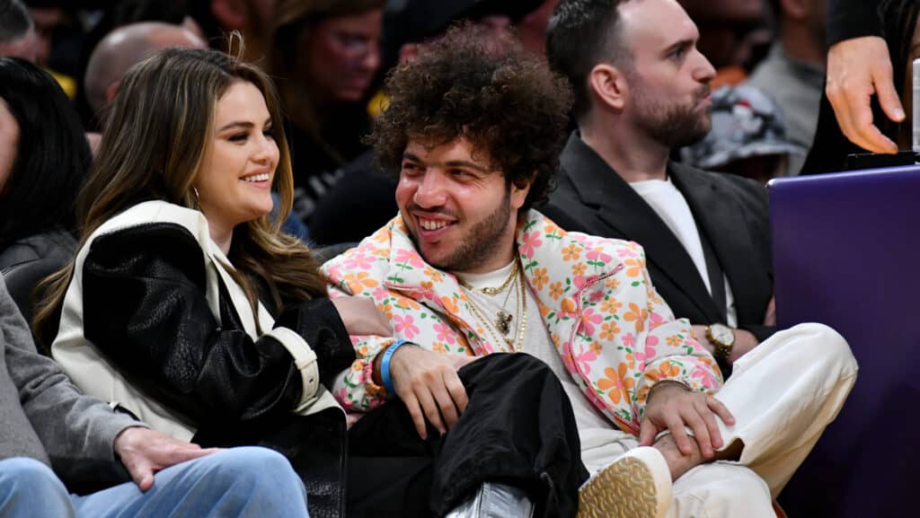 Selena Gomez and Benny Blanco attend a basketball game between the Los Angeles Lakers and the Miami Heat at Crypto.com Arena on January 03, 2024 in Los Angeles, California. NOTE TO USER: User expressly acknowledges and agrees that, by downloading and or using this photograph, User is consenting to the terms and conditions of the Getty Images License Agreement.