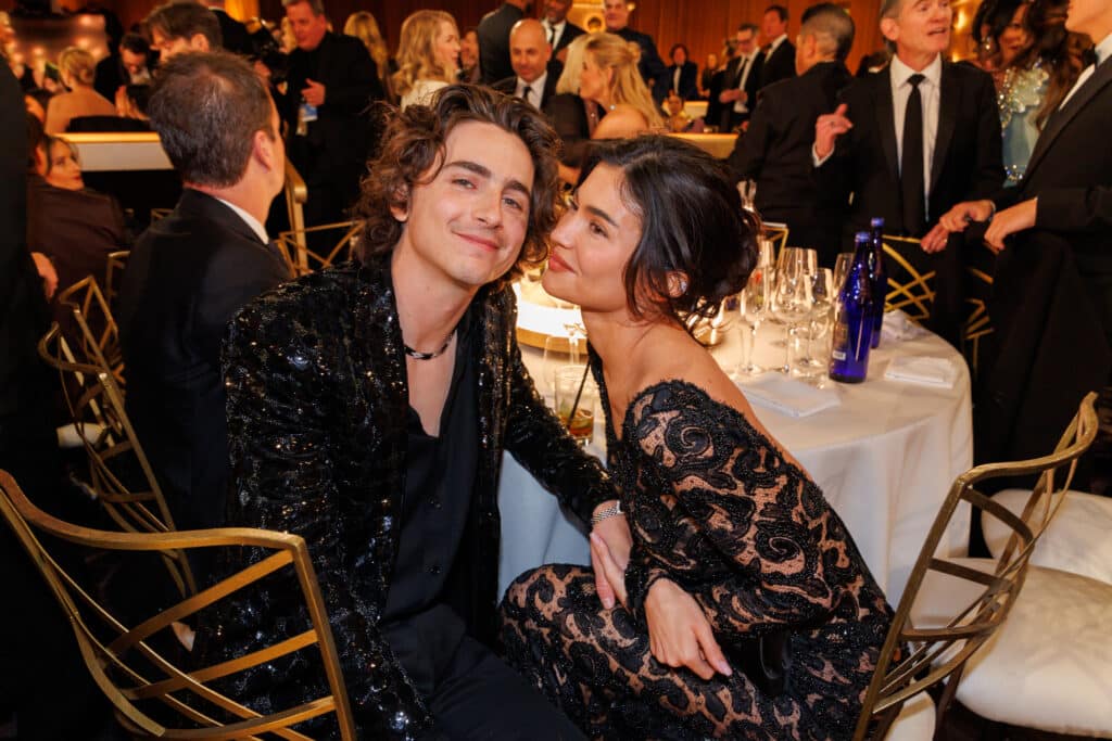 Timothée Chalamet and Kylie Jenner at the 81st Golden Globe Awards held at the Beverly Hilton Hotel on January 7, 2024 in Beverly Hills, California.