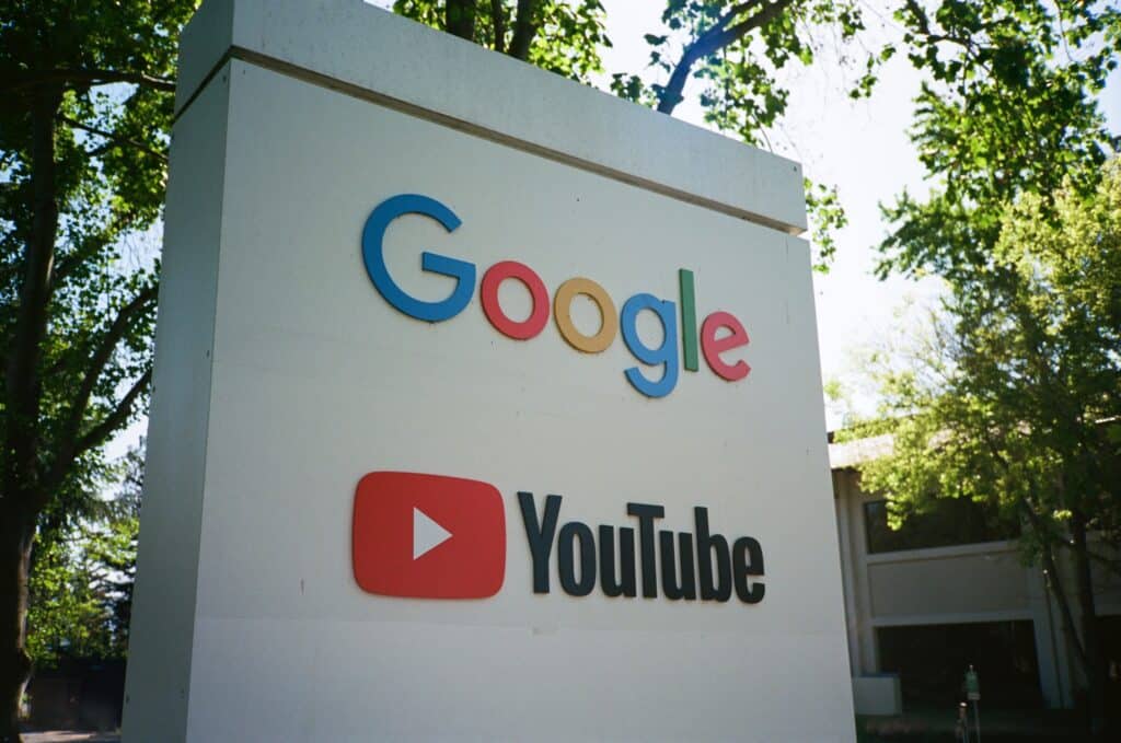 Sign with logos for Google and the Google owned video streaming service YouTube at the Googleplex, the Silicon Valley headquarters of search engine and technology company Google Inc in Mountain View, California,