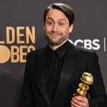 US actor Kieran Culkin poses with the award for Best Performance by a Male Actor in a Television Series - Drama for "Succession" in the press room during the 81st annual Golden Globe Awards at The Beverly Hilton hotel in Beverly Hills, California, on January 7, 2024.