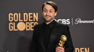 US actor Kieran Culkin poses with the award for Best Performance by a Male Actor in a Television Series - Drama for "Succession" in the press room during the 81st annual Golden Globe Awards at The Beverly Hilton hotel in Beverly Hills, California, on January 7, 2024.