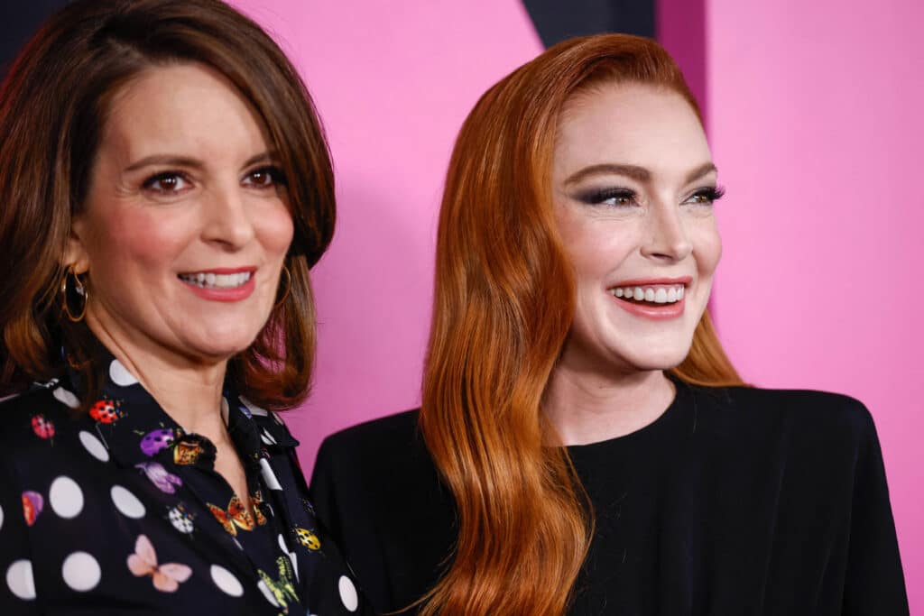 US actress Lindsay Lohan (R) and US actress and writer Tina Fey arrive for the premiere of Paramount Pictures' "Mean Girls" at AMC Lincoln Square in New York on January 8, 2024.