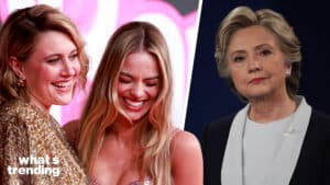 LEFT: SYDNEY, AUSTRALIA - JUNE 30: Greta Gerwig (L) and Margot Robbie attend the "Barbie" Celebration Party at Museum of Contemporary Art on June 30, 2023 in Sydney, Australia. "Barbie", directed by Greta Gerwig, stars Margot Robbie, America Ferrera and Issa Rae, and will be released in Australia on July 20 this year. (Photo by Hanna Lassen/Getty Images) RIGHT: ST LOUIS, MO - OCTOBER 09: Democratic presidential nominee former Secretary of State Hillary Clinton listens to a question during the town hall debate at Washington University on October 9, 2016 in St Louis, Missouri. This is the second of three presidential debates scheduled prior to the November 8th election. (Photo by Chip Somodevilla/Getty Images)