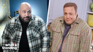 LEFT: THE TONIGHT SHOW STARRING JIMMY FALLON -- Episode 1908 -- Pictured: Actor & comedian Kevin James during the Cold Open on Tuesday, January 23, 2024 -- (Photo by: Todd Owyoung/NBC via Getty Images) RIGHT: Promotional portrait of American actor and comedian Kevin James in costume as the charcter Doug Heffernan as he poses with his hands in his pockets on the set of the television sitcom 'The King of Queens,' late 1990s. (Photo by Tony Esparza/CBS Photo Archive/Getty Images)