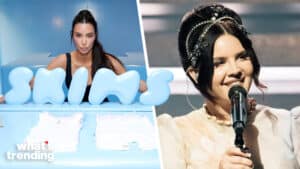 Kim Kardashian posing behind blue "SKIMS" letters and Lana Del Rey singing into a microphone on stage