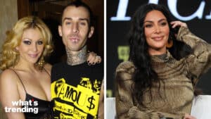 LEFT: Shanna Moakler with Travis Barker of Blink 182 during MTV TCA Day - Green Room at Universal Hilton Hotel in Los Angeles, California, United States. (Photo by Jeff Kravitz/FilmMagic) RIGHT: PASADENA, CALIFORNIA - JANUARY 18: Kim Kardashian West of 'The Justice Project' speaks onstage during the 2020 Winter TCA Tour Day 12 at The Langham Huntington, Pasadena on January 18, 2020 in Pasadena, California. (Photo by David Livingston/Getty Images)