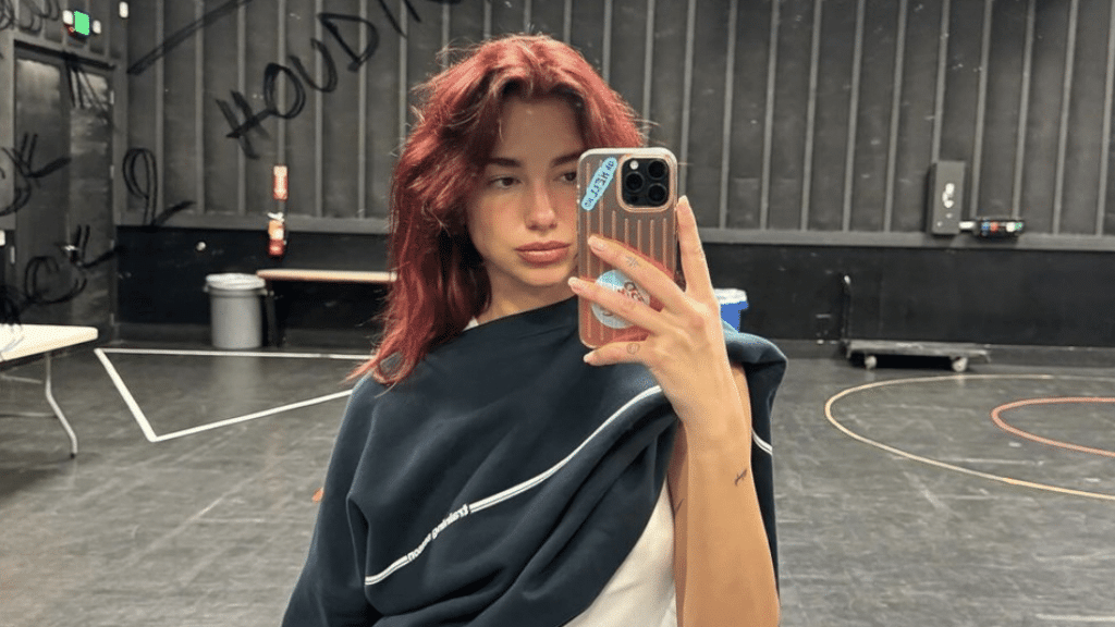 Dua Lipa poses in a mirror via Instagram for Grammys rehearsal wearing a crew neck sporting 'Training Season'