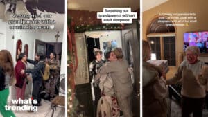 Three scenes of adult grandchildren surprising their grandparents with sleepovers, showing hugs and joyful reactions.