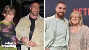 Taylor Swift and Travis Kelce holding hands, and Travis Kelce posing with a woman at a Netflix event