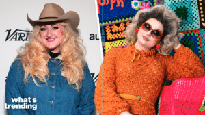 Person with long blonde hair wearing a cowboy hat and denim jacket next to a person in an orange crocheted sweater and sunglasses