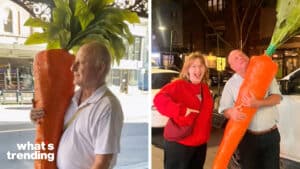 A man has become a viral phenomenon for carrying a giant carrot around Melbourne, Australia, with TikToker shares videos and images of the strange occurrence.
