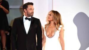 Ben Affleck and Jennifer Lopez attend the red carpet of the movie "The Last Duel" during the 78th Venice International Film Festival on September 10, 2021 in Venice, Italy.