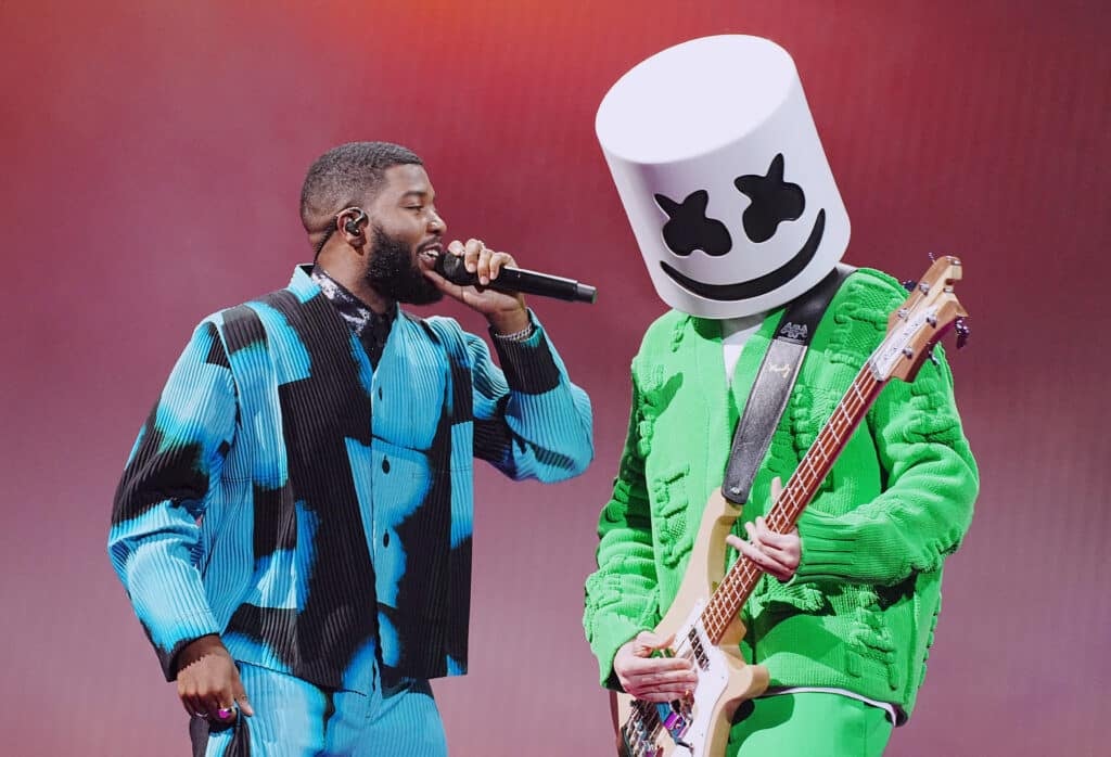 Khalid and Marshmello perform onstage at the 2022 MTV VMAs at Prudential Center on August 28, 2022 in Newark, New Jersey.