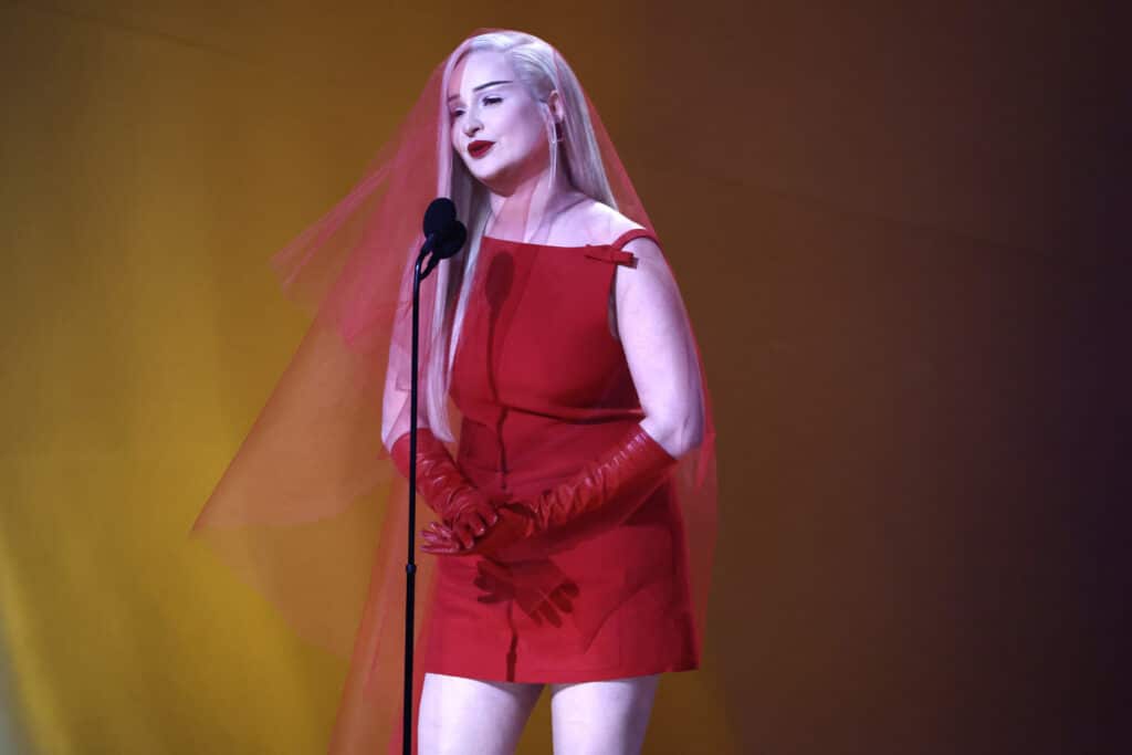 Kim Petras accepts the Best Pop Duo/Group Performance award for “Unholy” onstage during the 65th GRAMMY Awards at Crypto.com Arena on February 05, 2023 in Los Angeles, California