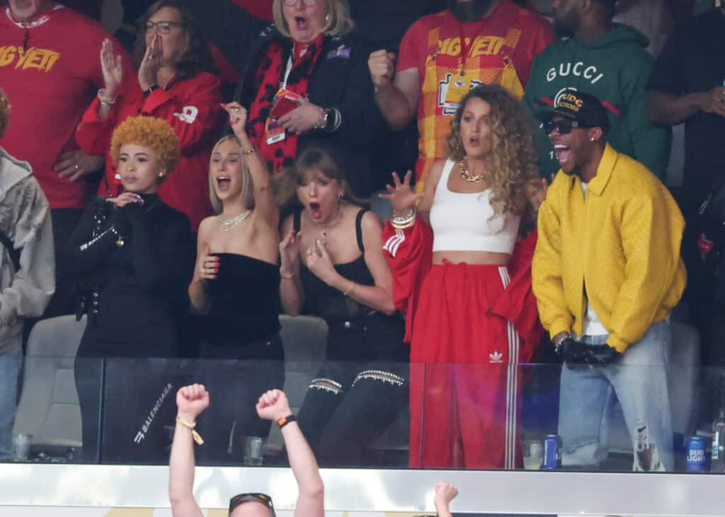 Ice Spice, Taylor Swift and Blake Lively at the Super Bowl LVIII Pregame held at Allegiant Stadium on February 11, 2024 in Paradise, Nevada.