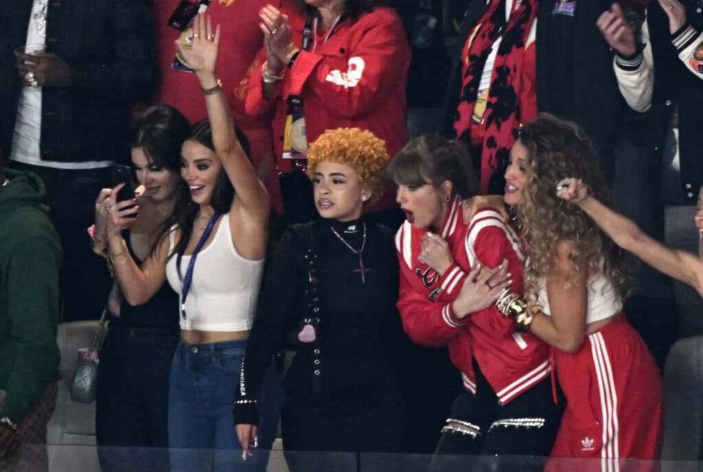 US singer-songwriter Taylor Swift, US actress Blake Lively, US rapper Ice Spice and US singer-songwriter Lana Del Rey (L) react during Super Bowl LVIII between the Kansas City Chiefs and the San Francisco 49ers at Allegiant Stadium in Las Vegas, Nevada, February 11, 2024.