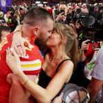 Travis Kelce #87 of the Kansas City Chiefs and Taylor Swift embrace after defeating the San Francisco 49ers in overtime during Super Bowl LVIII at Allegiant Stadium on February 11, 2024 in Las Vegas, Nevada.