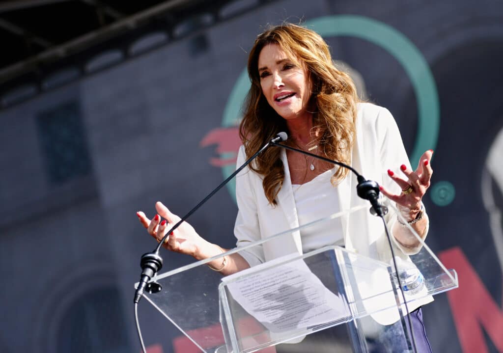 Caitlyn Jenner speaks at the 4th annual Women's March LA: Women Rising at Pershing Square on January 18, 2020 in Los Angeles, California.