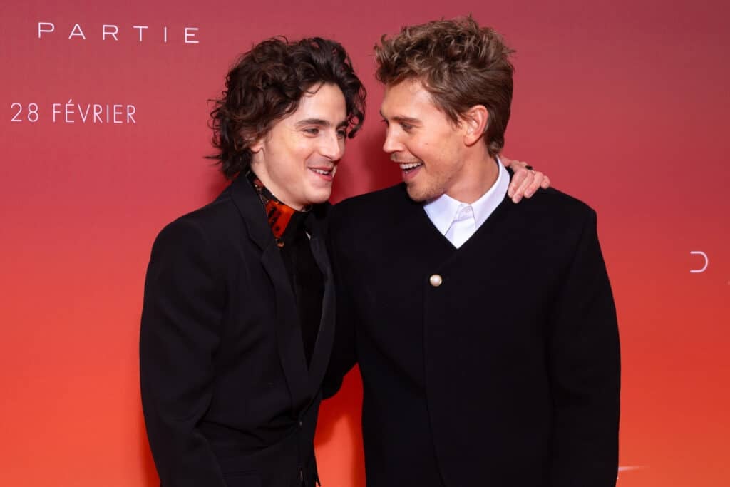 Timothee Chalamet and Austin Butler attend the "Dune 2" Premiere at Le Grand Rex on February 12, 2024 in Paris, France.