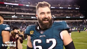 PHILADELPHIA, PENNSYLVANIA - JANUARY 21: Jason Kelce #62 of the Philadelphia Eagles celebrates on the field after defeating the New York Giants 38-7 in the NFC Divisional Playoff game at Lincoln Financial Field on January 21, 2023 in Philadelphia, Pennsylvania. (Photo by Tim Nwachukwu/Getty Images)