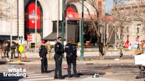 KANSAS CITY, MISSOURI - FEBRUARY 14: Law enforcement respond to a shooting at Union Station during the Kansas City Chiefs Super Bowl LVIII victory parade on February 14, 2024 in Kansas City, Missouri. Several people were shot and two people were detained after a rally celebrating the Chiefs Super Bowl victory. (Photo by David Eulitt/Getty Images)