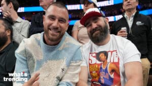 PHILADELPHIA, PA - MAY 11: Travis Kelce and Jason Kelce attend a game before the game against the Boston Celtics against the Philadelphia 76ers during Game 6 of the 2023 NBA Playoffs Eastern Conference semi-finals on May 11, 2023 at the Wells Fargo Center in Philadelphia, Pennsylvania NOTE TO USER: User expressly acknowledges and agrees that, by downloading and/or using this Photograph, user is consenting to the terms and conditions of the Getty Images License Agreement. Mandatory Copyright Notice: Copyright 2023 NBAE (Photo by Jesse D. Garrabrant/NBAE via Getty Images)