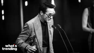 LONDON, ENGLAND - FEBRUARY 18: (EDITORS NOTE: Image has been converted to black and white.) Robert Downey Jr. accepts the Supporting Actor Award for 'Oppenheimer' on stage during the EE BAFTA Film Awards 2024 at The Royal Festival Hall on February 18, 2024 in London, England. (Photo by Joe Maher/BAFTA/Getty Images for BAFTA)