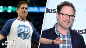 LEFT: DALLAS, TEXAS - MARCH 22: Dallas Mavericks owner Mark Cuban reacts during a timeout in the game against the Golden State Warriors at American Airlines Center on March 22, 2023 in Dallas, Texas. NOTE TO USER: User expressly acknowledges and agrees that, by downloading and or using this photograph, User is consenting to the terms and conditions of the Getty Images License Agreement. (Photo by Tim Heitman/Getty Images) RIGHT: NEW YORK, NEW YORK - MAY 16: Rainn Wilson visit the SiriusXM studios on May 16, 2023 in New York City. (Photo by Theo Wargo/Getty Images)