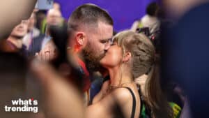 LAS VEGAS, NEVADA - FEBRUARY 11: Travis Kelce #87 of the Kansas City Chiefs celebrates and kisses Singer Taylor Swift following the NFL Super Bowl 58 football game between the San Francisco 49ers and the Kansas City Chiefs at Allegiant Stadium on February 11, 2024 in Las Vegas, Nevada. (Photo by Michael Owens/Getty Images)